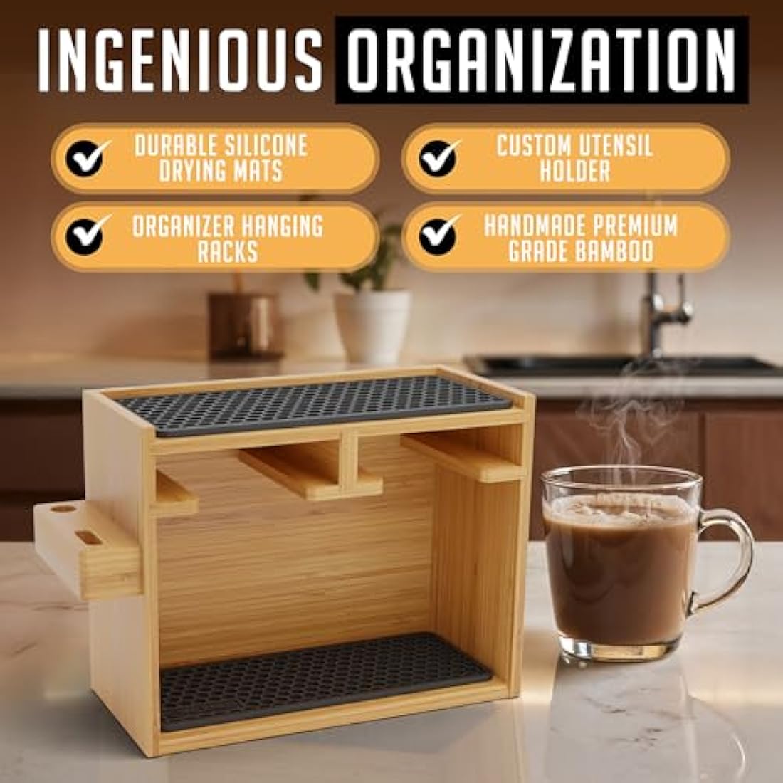 Hexnub Bamboo AeroPress Organizer Station with Silicone Mats - Black
