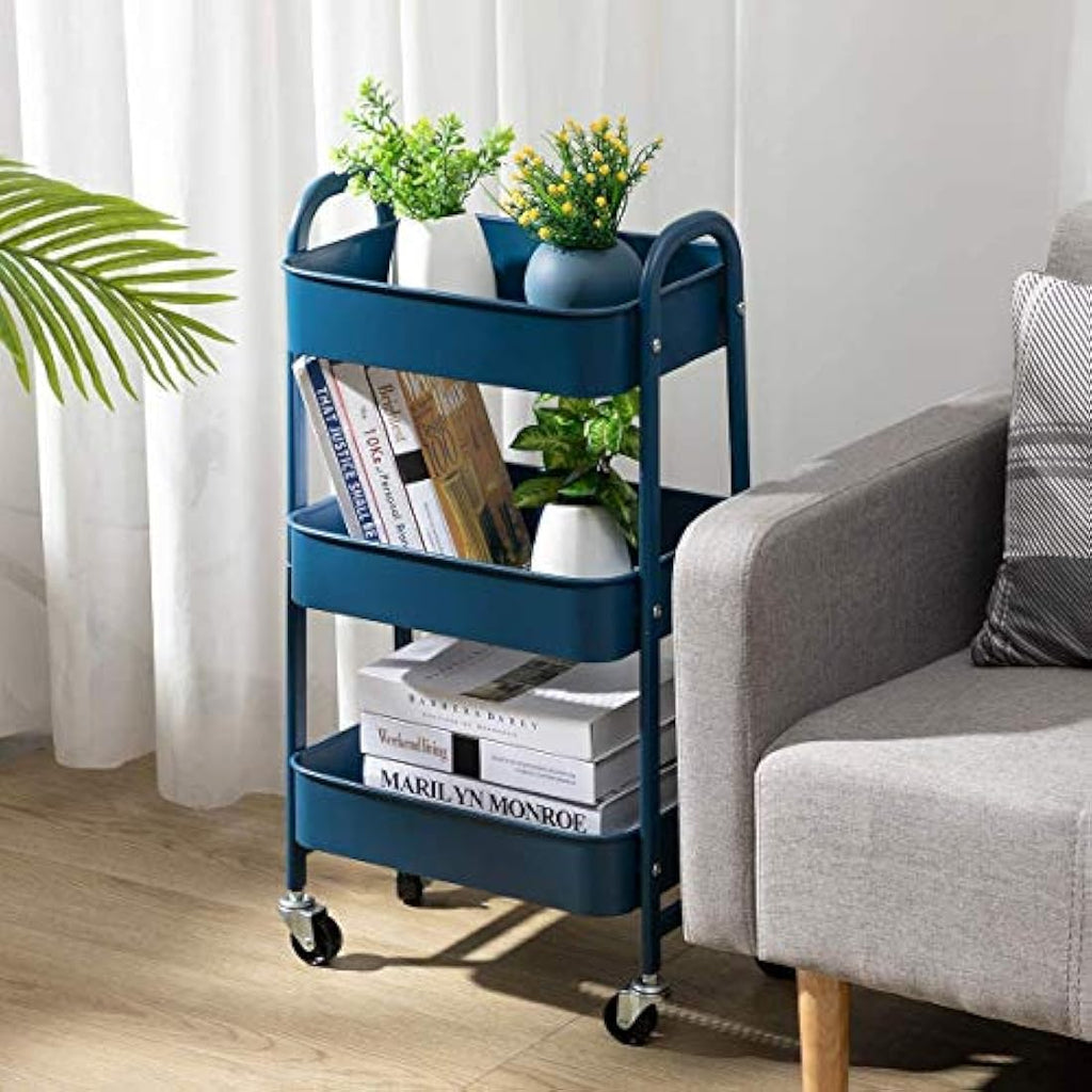 DOEWORKS 3-Tier Metal Rolling Utility Cart – Navy Blue Storage Trolley