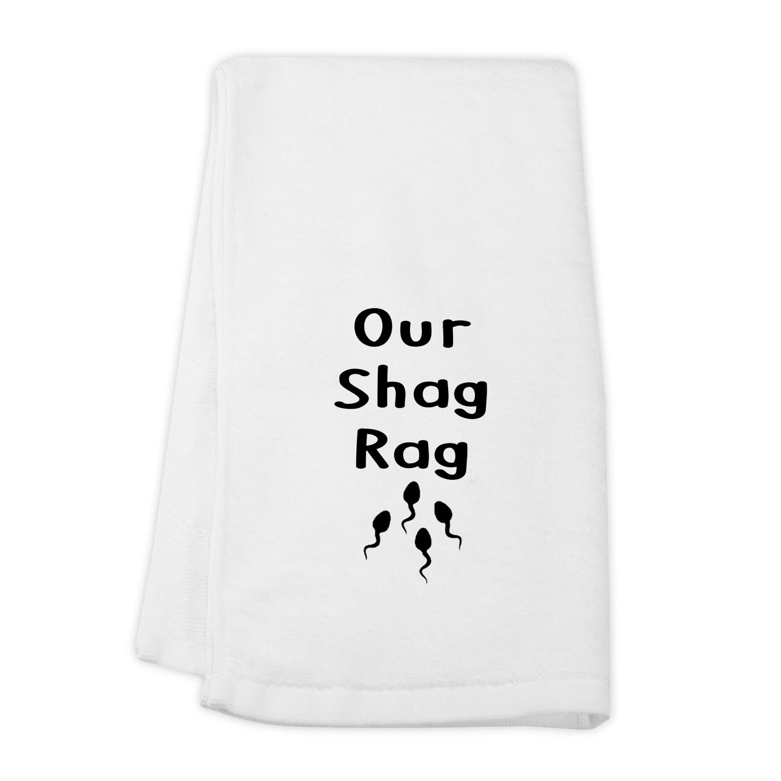 White towel with 'Our Shag Rag' text and graphic on a white background