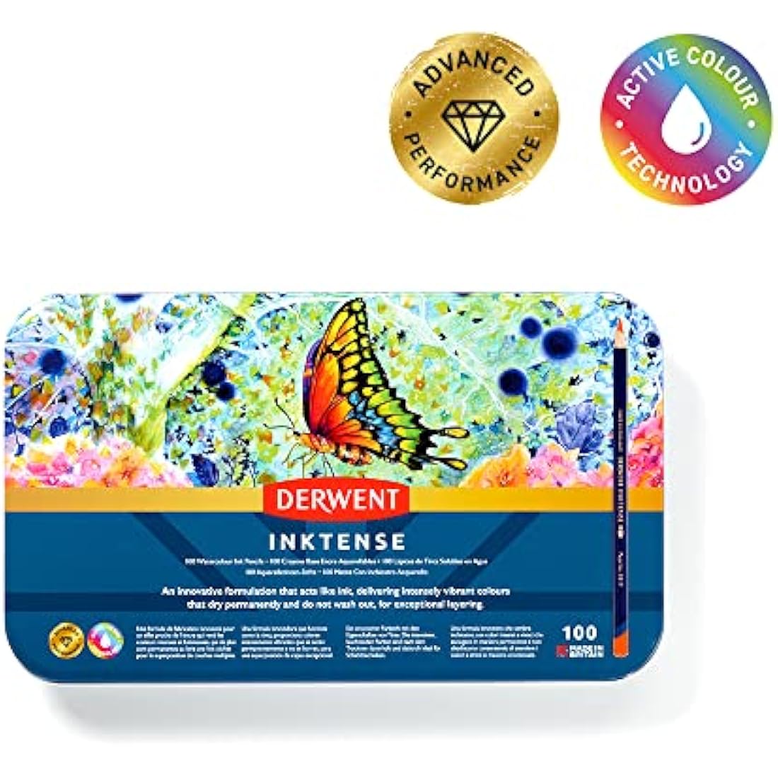 Derwent Inktense Pencils - 100 Permanent Water-Soluble Art Set in Tin