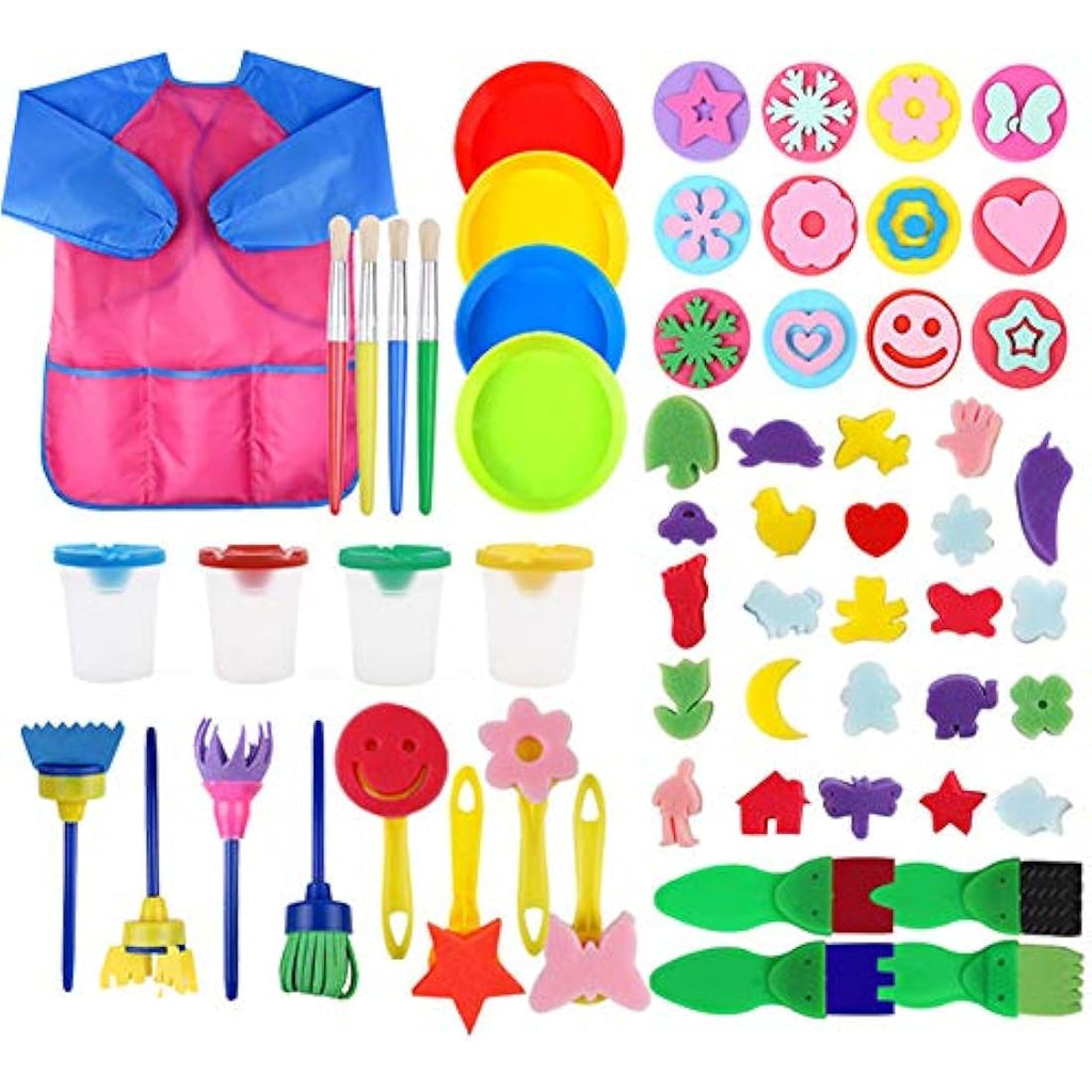 60-Piece Kids Sponge Painting Kit with Waterproof Apron