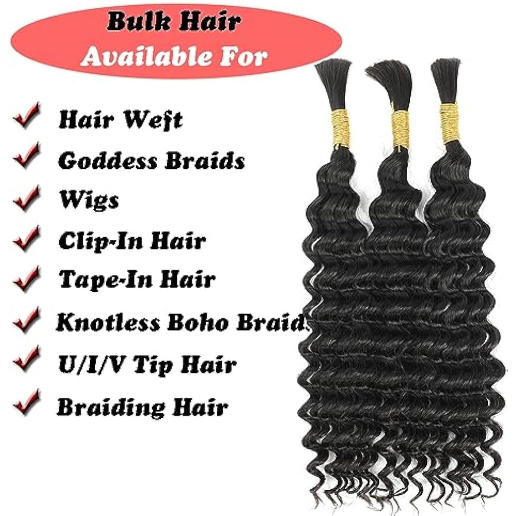 Double Drawn Human Hair Bulk for Braiding | Deep Wave 20" 1B