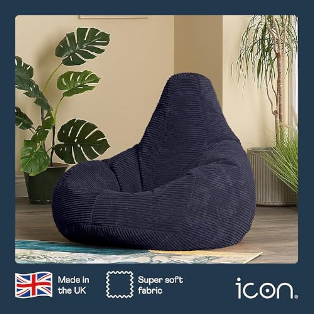 Icon Dalton Corduroy Recliner Bean Bag Chair - Navy Blue - Large Adult