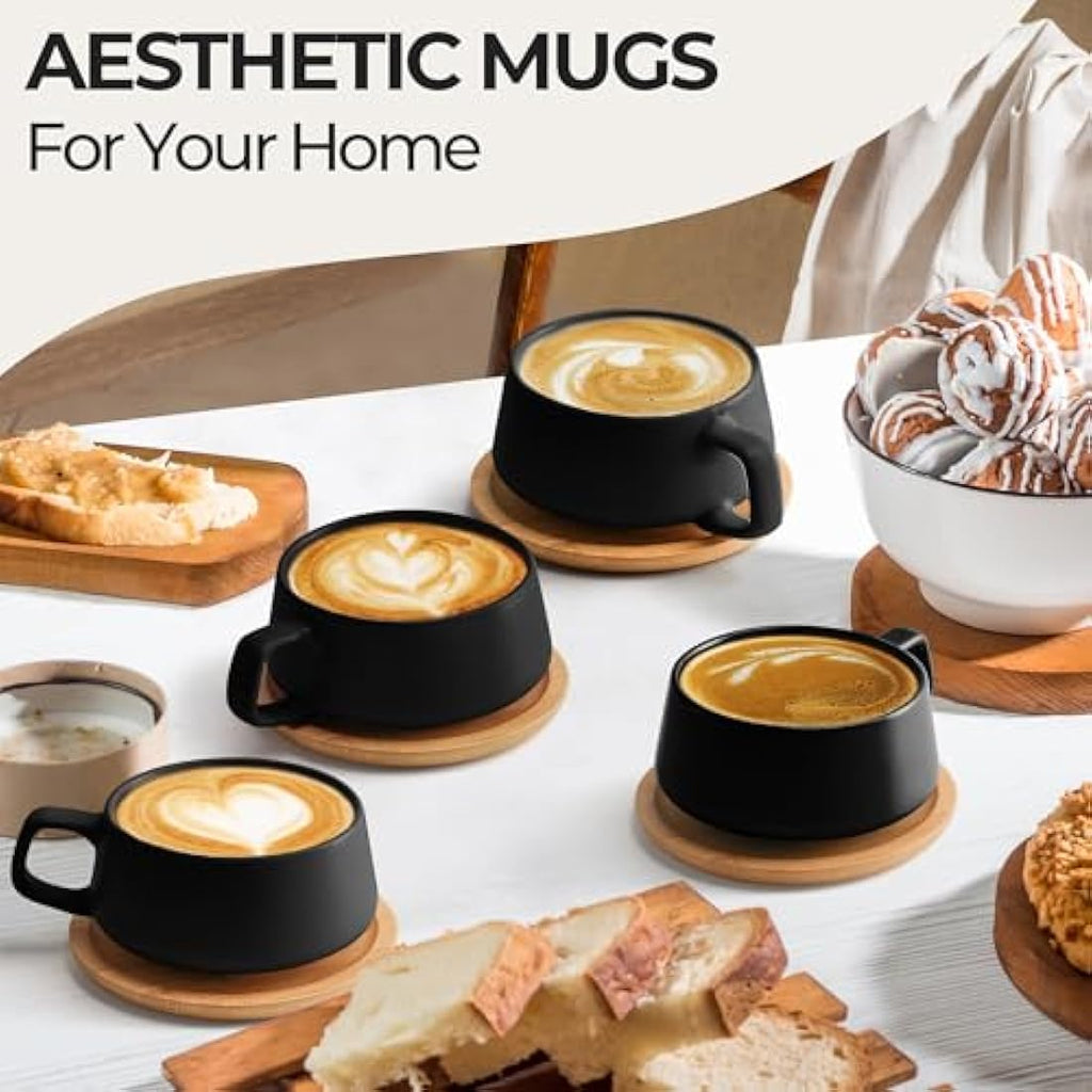 MIAMIO Ceramic Coffee Cup Set with Bamboo Saucers - 320ml Black, Set of 4