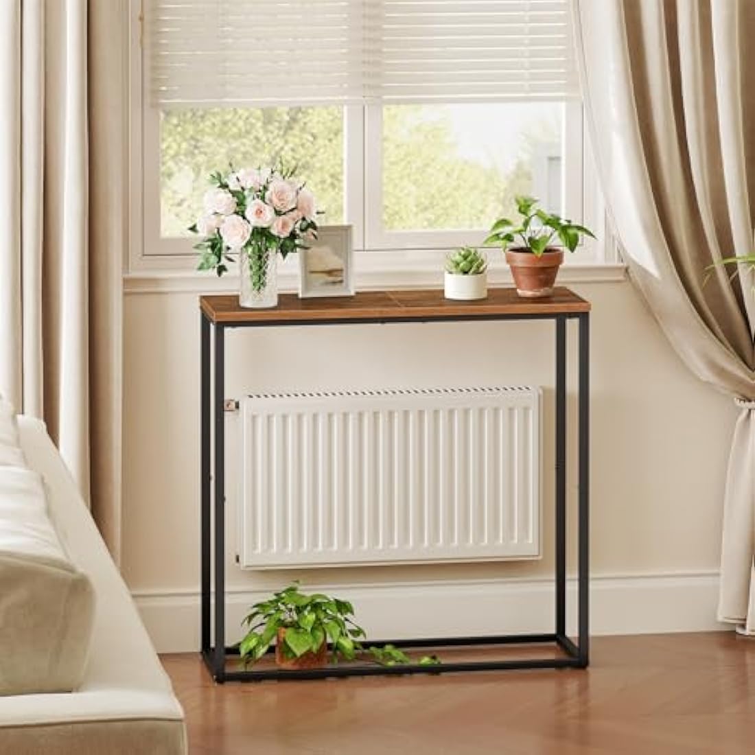 HOOBRO Narrow Console Table – Slim Industrial Hallway Table, Rustic Brown