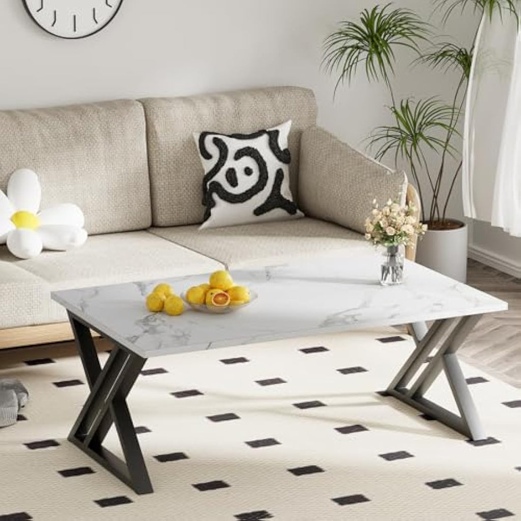 Modern Rectangular Coffee Table | Black Metal Frame, White