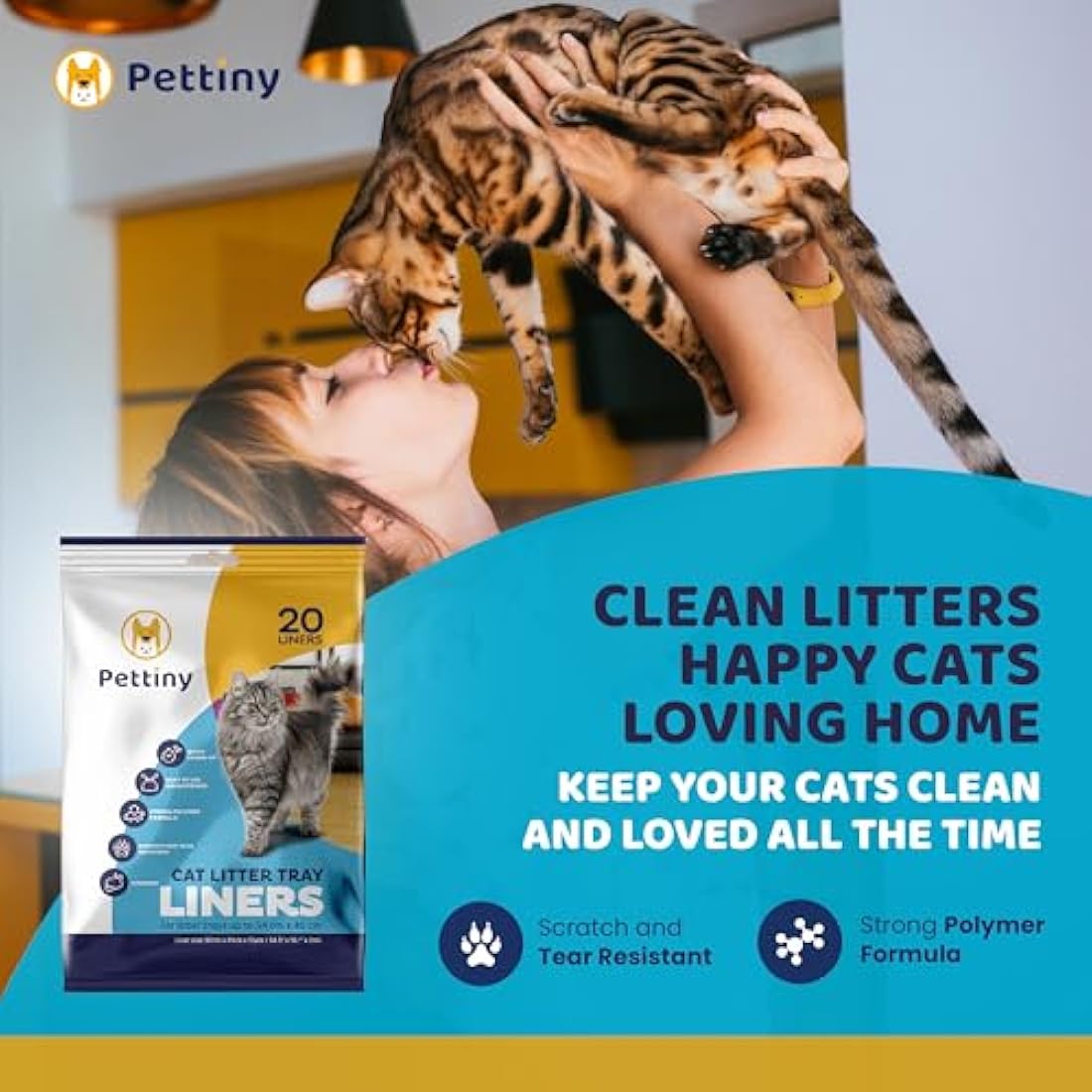 Pettiny Cat Litter Tray Liners – 20 Pack Scratch Resistant Drawstring Bags