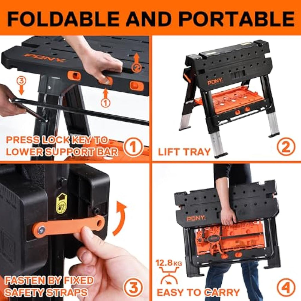 PONY 2-in-1 Folding Workbench | 454kg Sawhorse with 6 Adjustable Heights