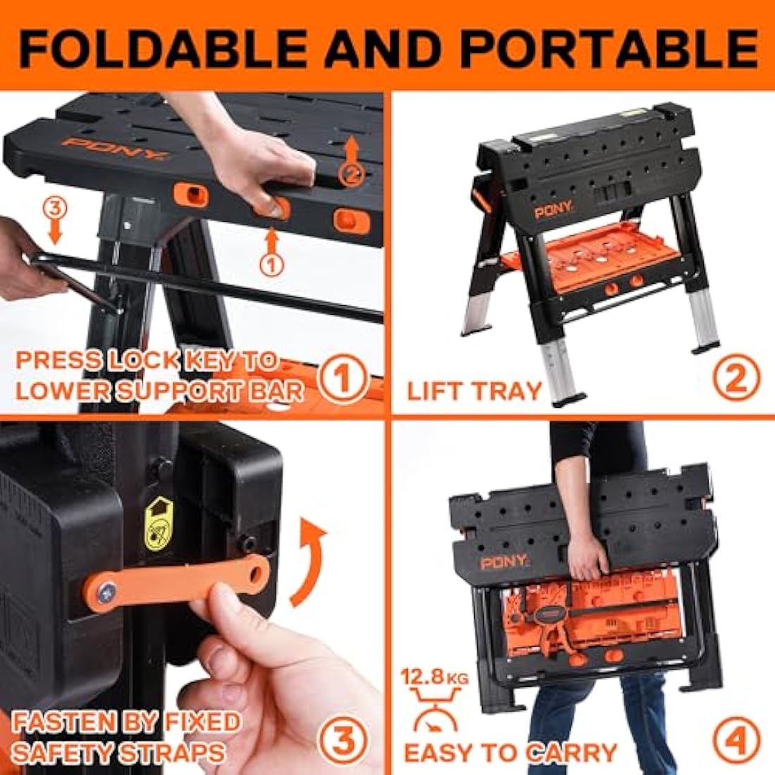PONY 2-in-1 Folding Workbench | 454kg Sawhorse with 6 Adjustable Heights