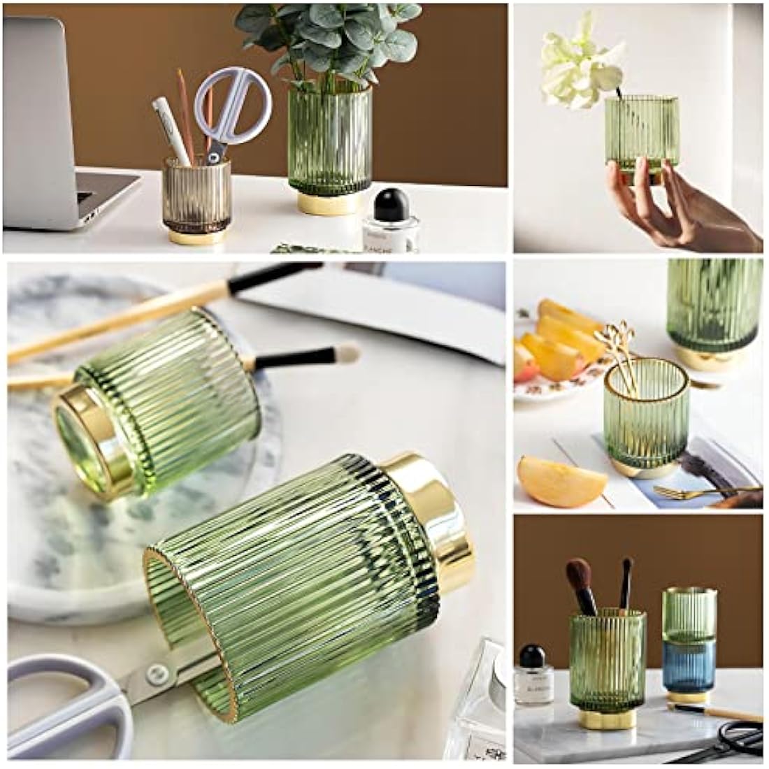 DASITON Glass Makeup Brush Holder – Vintage Striped Cosmetic Organizer, Green