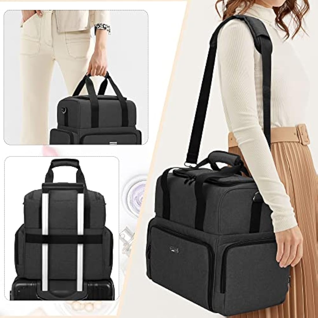 BAFASO 2-Layer Travel Makeup Bag with Removable Pouches - Black Nylon