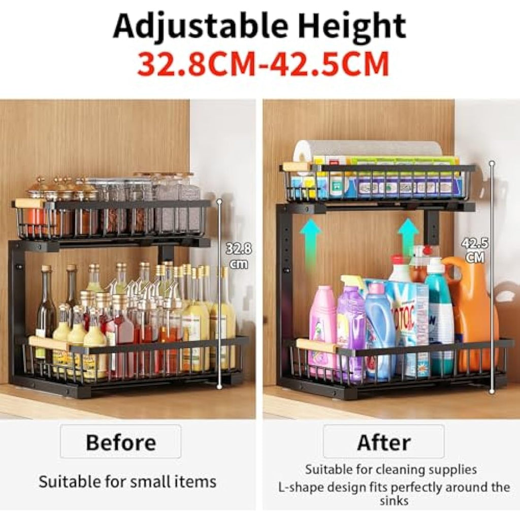 ROLIZOE Under Sink Storage - 2 Tier Height Adjustable Sliding Organiser