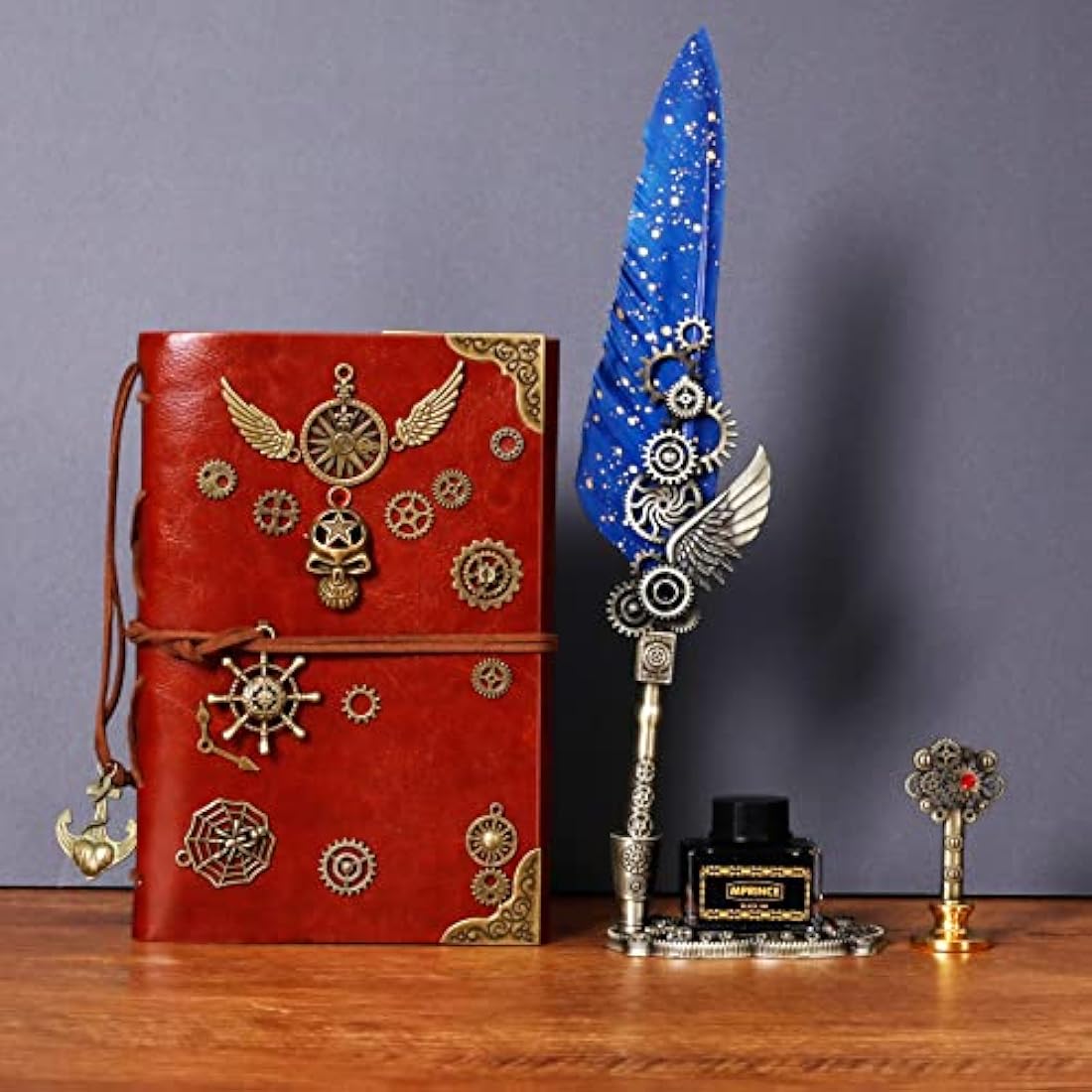 MPRINCE Quill Pen and Ink Set with Leather Notebook - Blue Calligraphy Kit