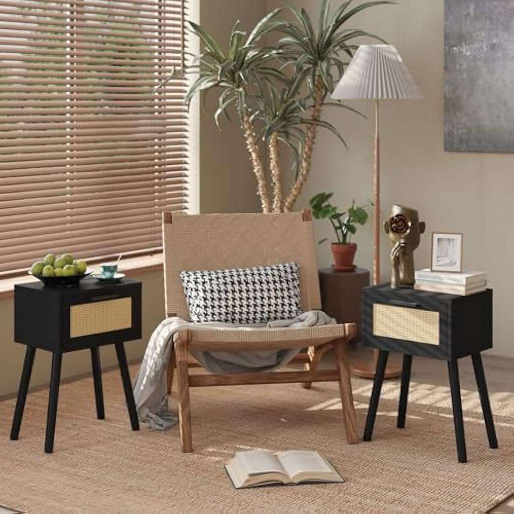 YMYNY Rattan Nightstand Set of 2 | Modern Side Table with Wood Legs