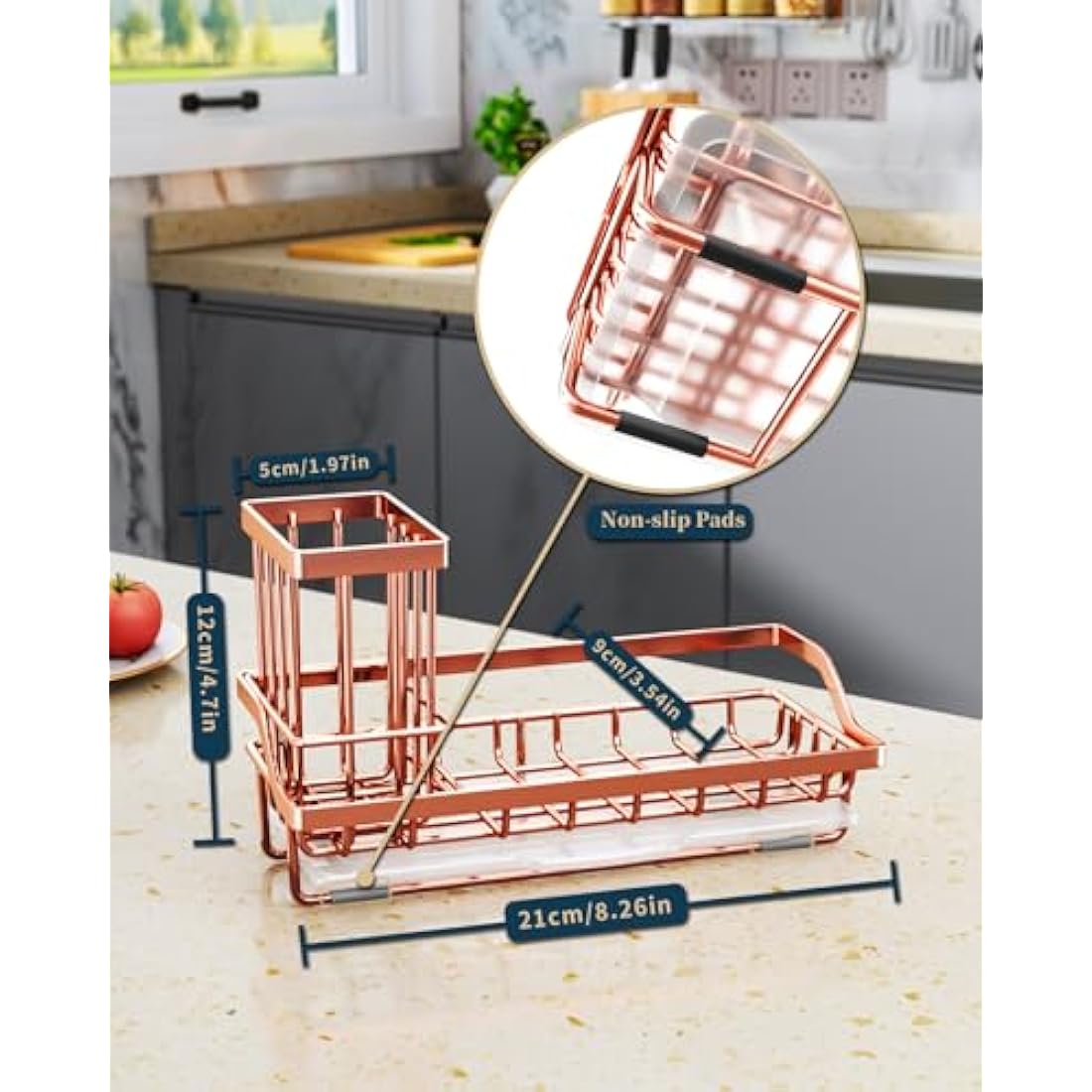 Consumest Kitchen Sink Caddy – 304 Stainless Steel Sponge Holder, Rose Gold