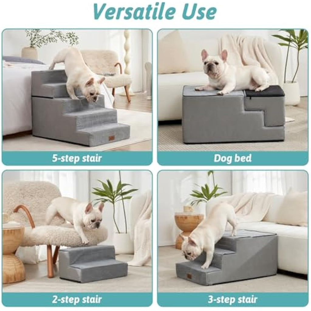 COZY KISS 5-Tier Wide Dog Stairs – Foldable High-Density Foam Pet Steps