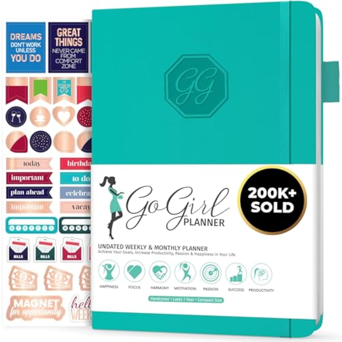 GoGirl Undated Weekly Planner – Compact Eco-Leather Goal Journal, Turquoise