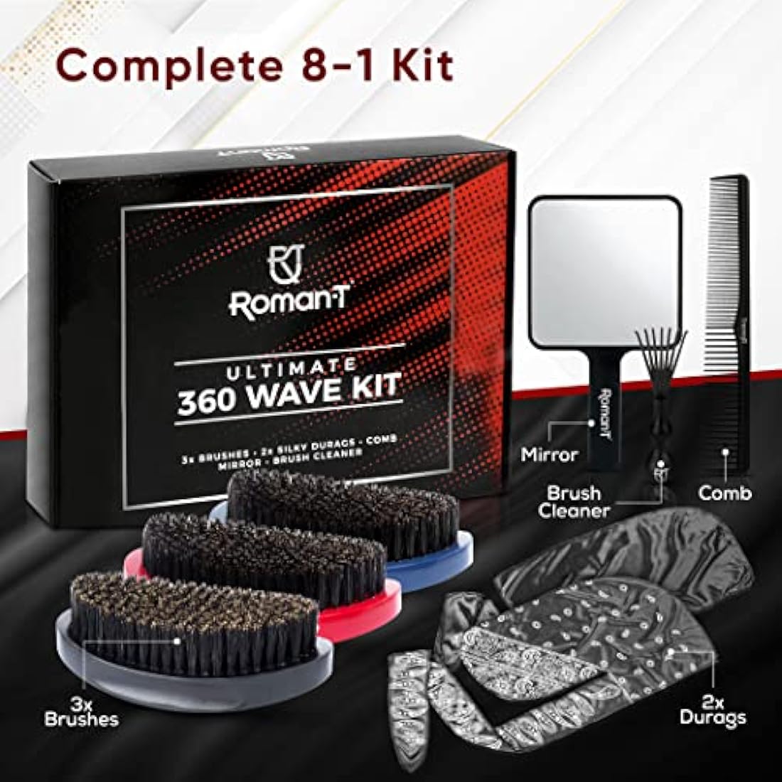 Roman-T 8-in-1 360 Wave Brush Kit – 3 Brushes, 2 Durags & Mirror Set