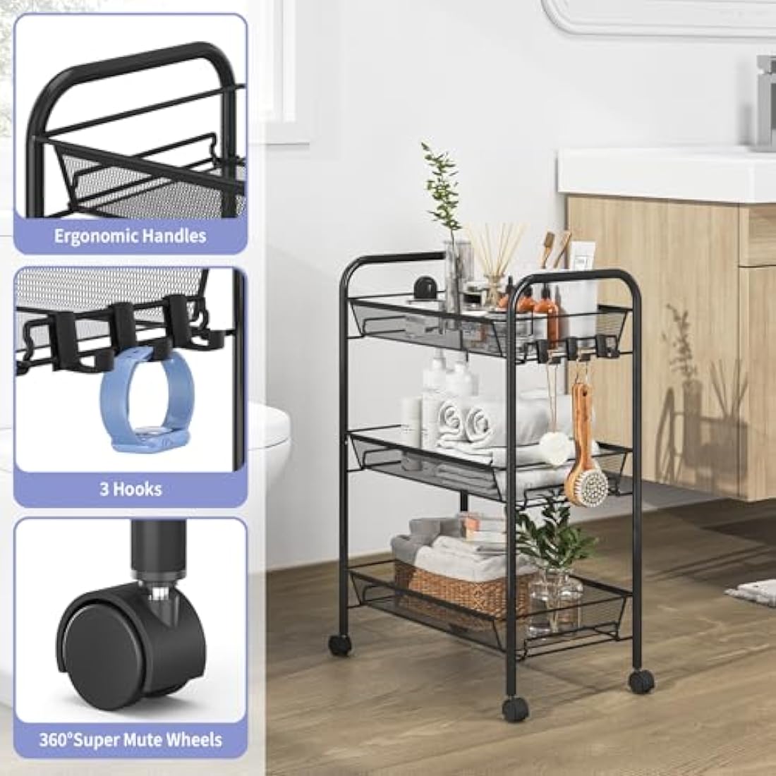APEXCHASER 3-Tier Rolling Utility Cart | Metal Mobile Storage Trolley, Black