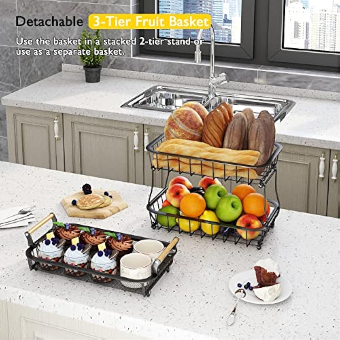 Antopy 3-Tier Fruit Basket with Banana Hangers – Metal Mesh Kitchen Stand