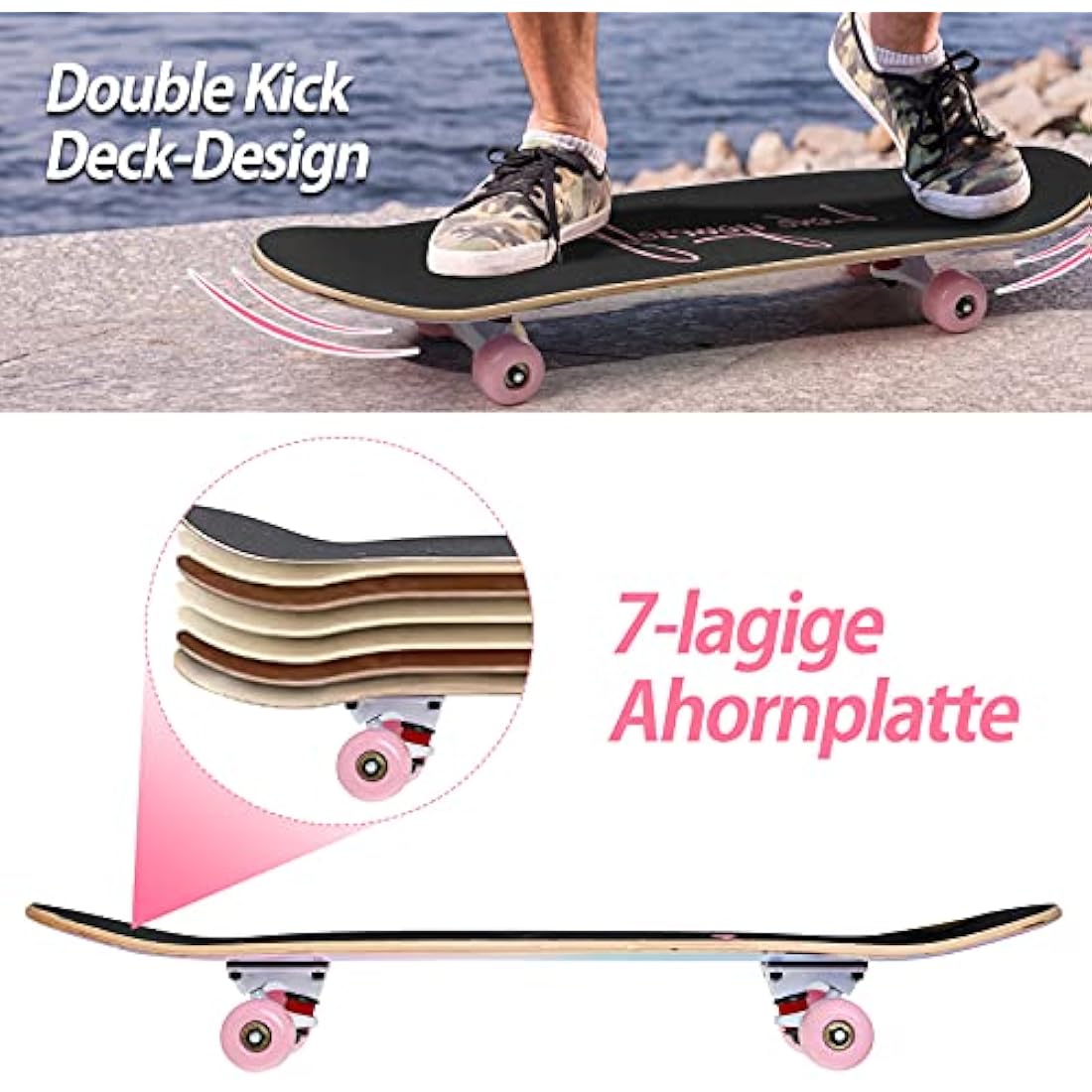 ILAHUI 7-Layer Maple Wood Skateboard for Beginners | Rainbow Powder