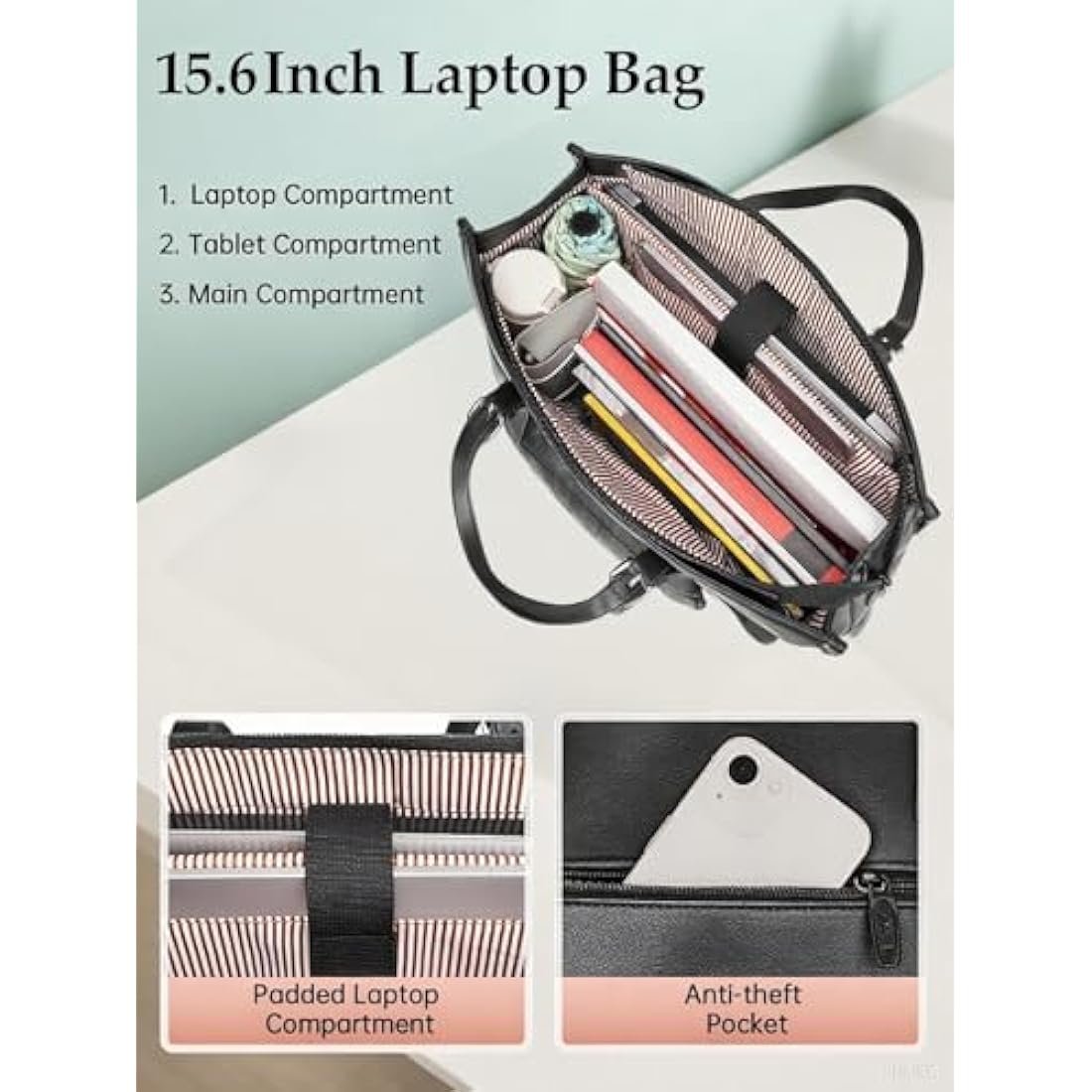 MATEIN 15.6 Inch Laptop Tote Bag with Insulated Lunch Compartment | Black