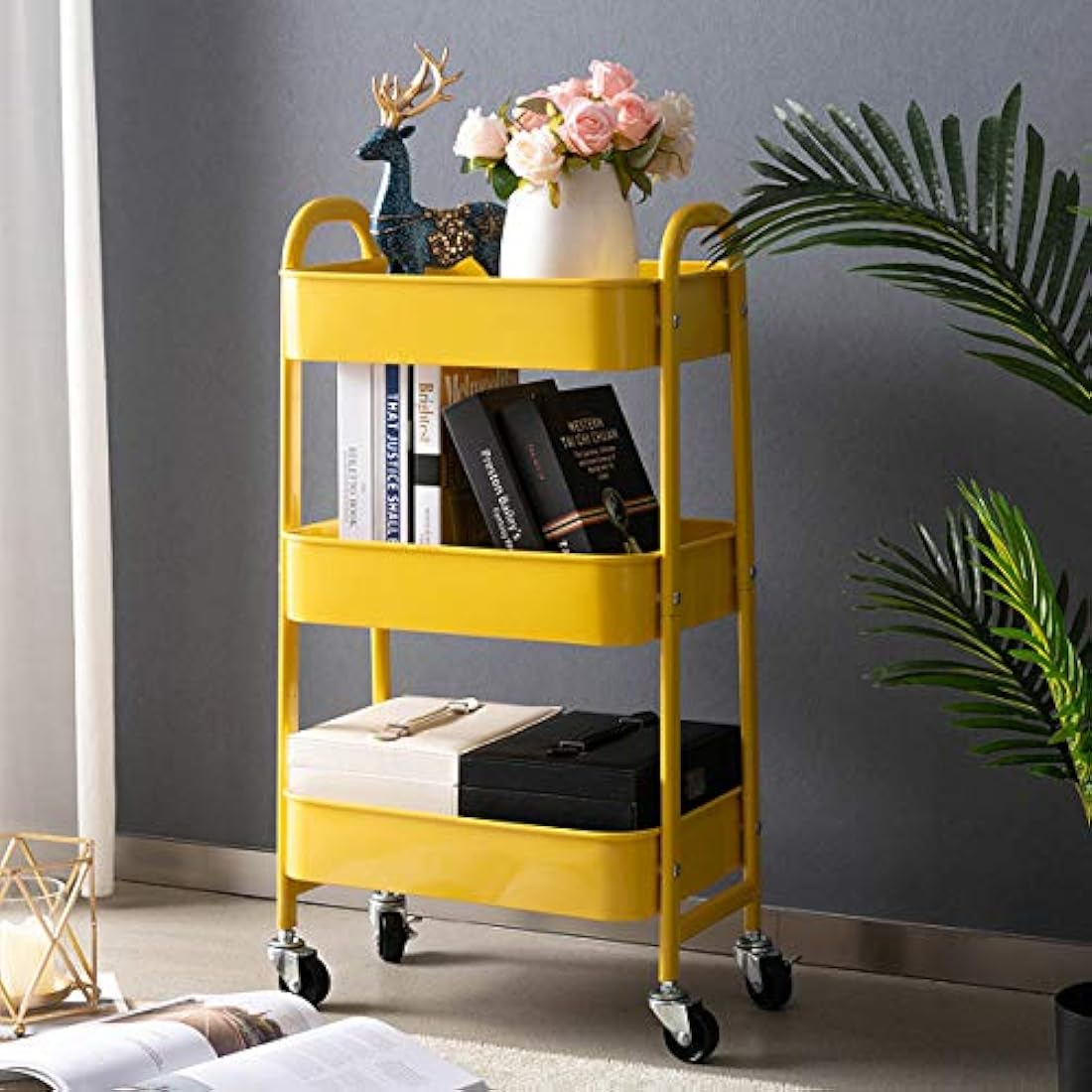 DOEWORKS 3-Tier Metal Rolling Utility Cart – Slim Storage Trolley, Yellow