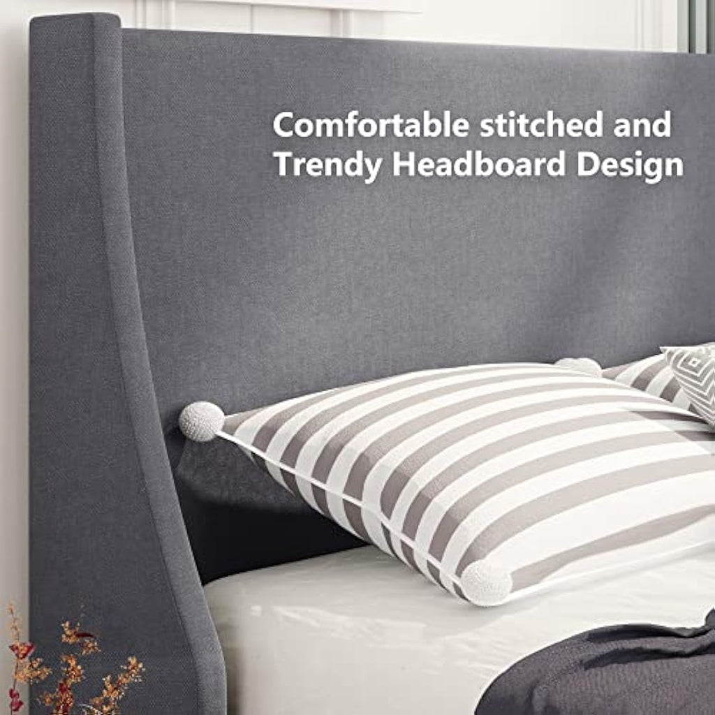 Merax 3FT Single Upholstered Bed Frame | Grey Linen Wingback Bed