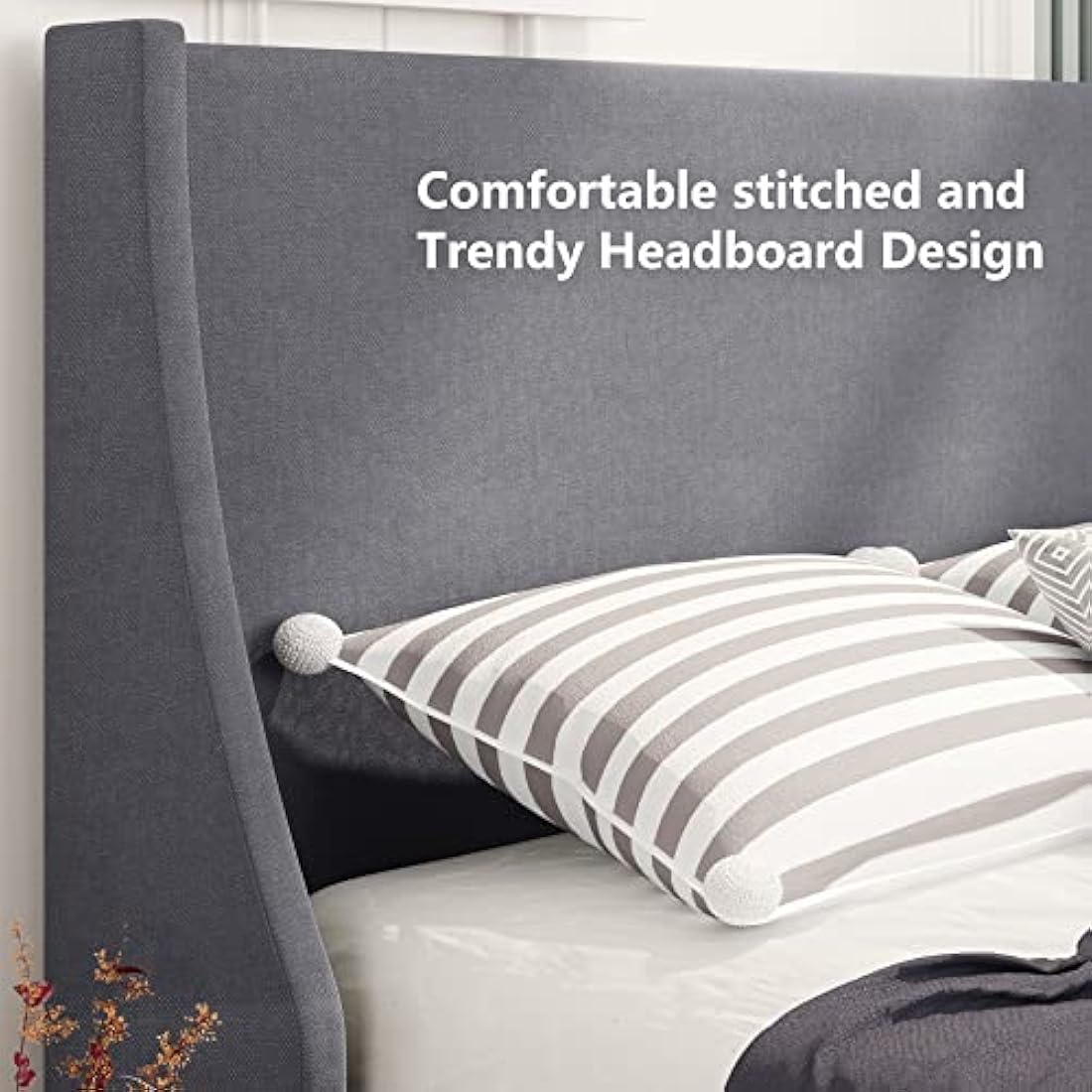Merax 3FT Single Upholstered Bed Frame | Grey Linen Wingback Bed