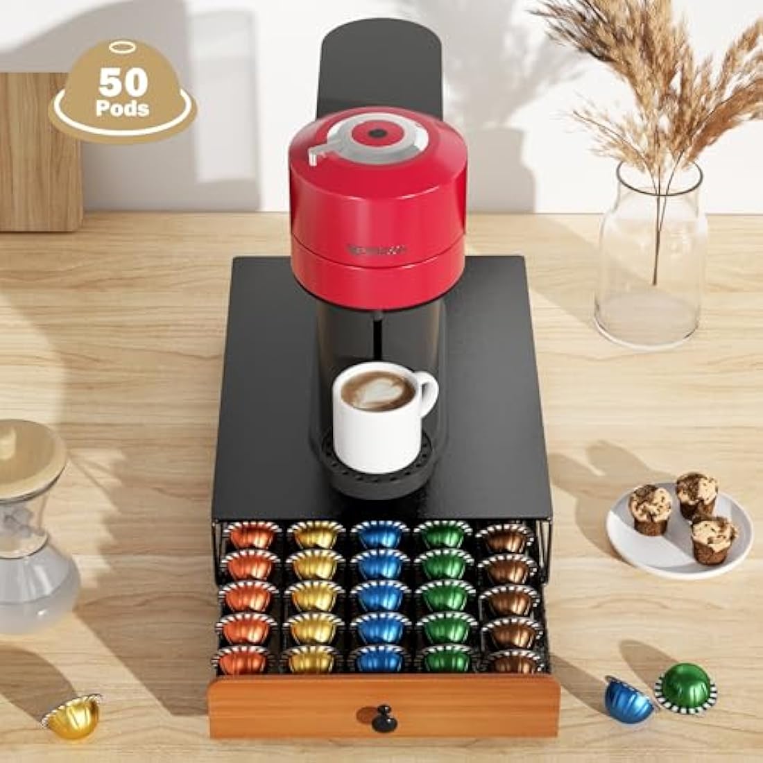 HFHOME Metal Coffee Pod Holder Drawer for 50 Nespresso Vertuo Capsules
