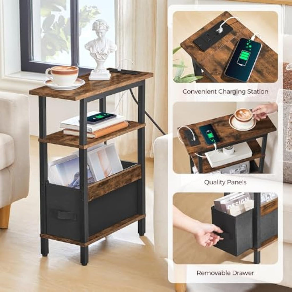 MAHANCRIS Narrow Side Table with Charging Station | 3-Tier Slim End Table