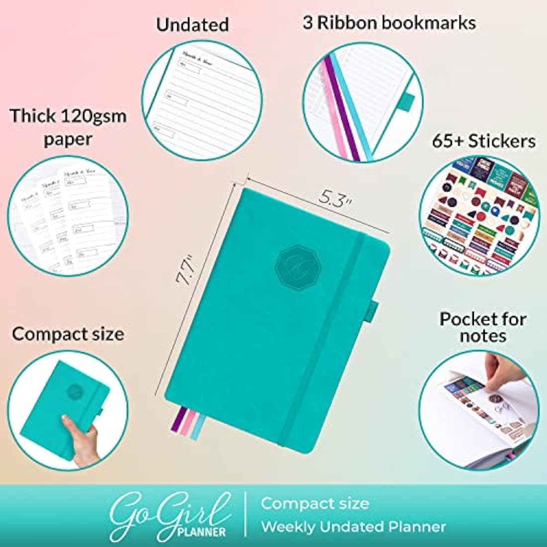 GoGirl Undated Weekly Planner – Compact Eco-Leather Goal Journal, Turquoise