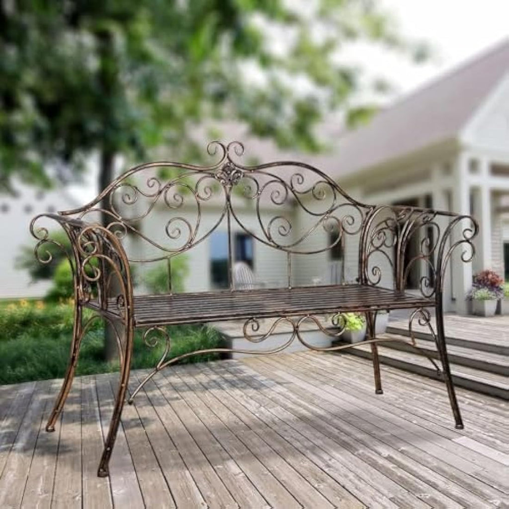 HLC 2-Seat Metal Garden Bench – Antique Wrought Iron Outdoor Seating