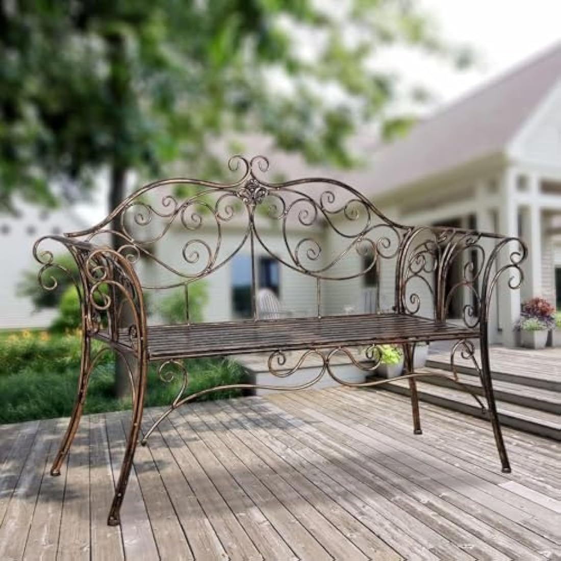 HLC 2-Seat Metal Garden Bench – Antique Wrought Iron Outdoor Seating