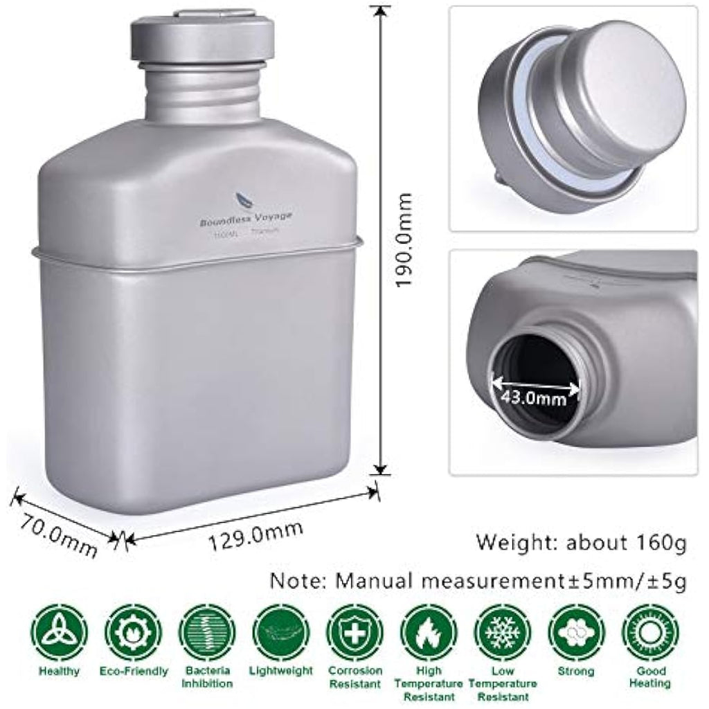 iBasingo Titanium Military Canteen Mess Kit – 1100ml Ultralight Cookware