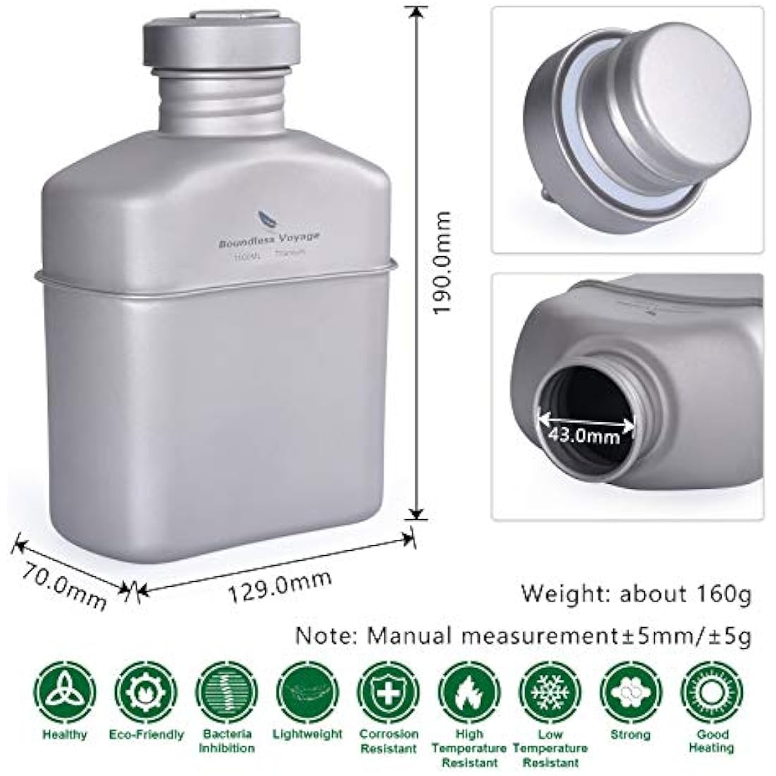 iBasingo Titanium Military Canteen Mess Kit – 1100ml Ultralight Cookware