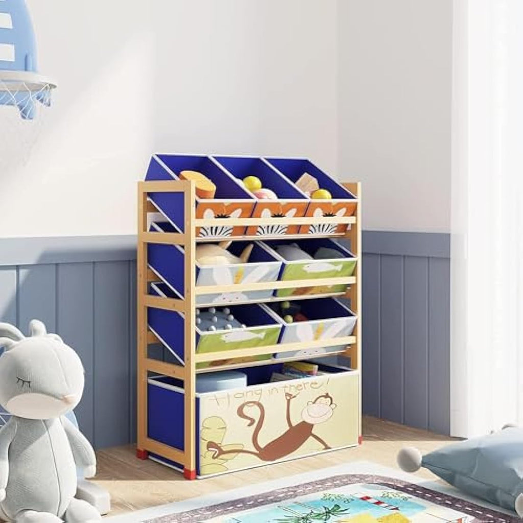 Dripex Kids Toy Storage Unit – 4 Tier Wooden Organiser with 8 Fabric Bins