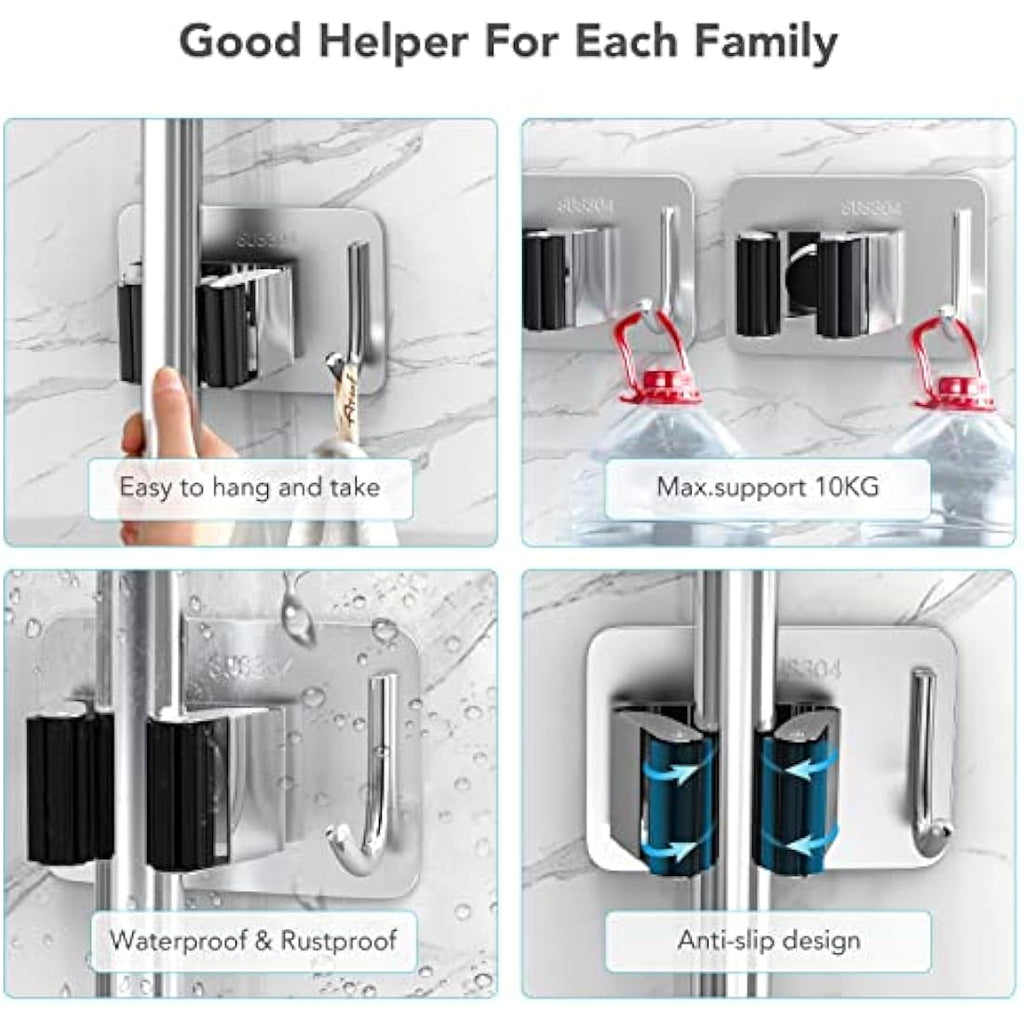 Homeasy Mop and Broom Holder | 4 Pcs Stainless Steel Wall Mount Hanger