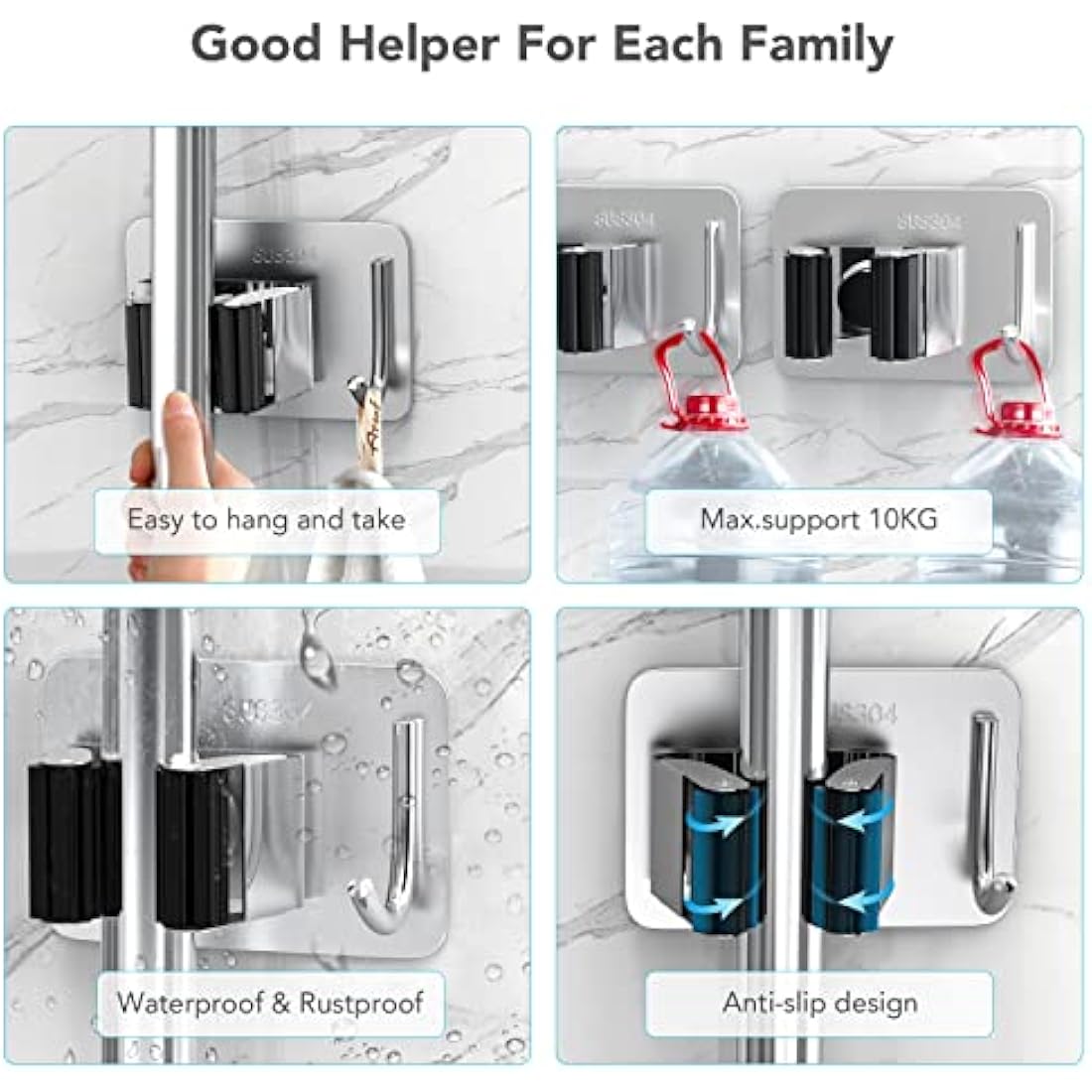 Homeasy Mop and Broom Holder | 4 Pcs Stainless Steel Wall Mount Hanger