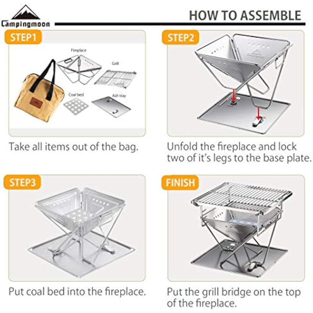 Campingmoon Portable Tabletop Charcoal Grill | Stainless Steel Mini Fire Pit