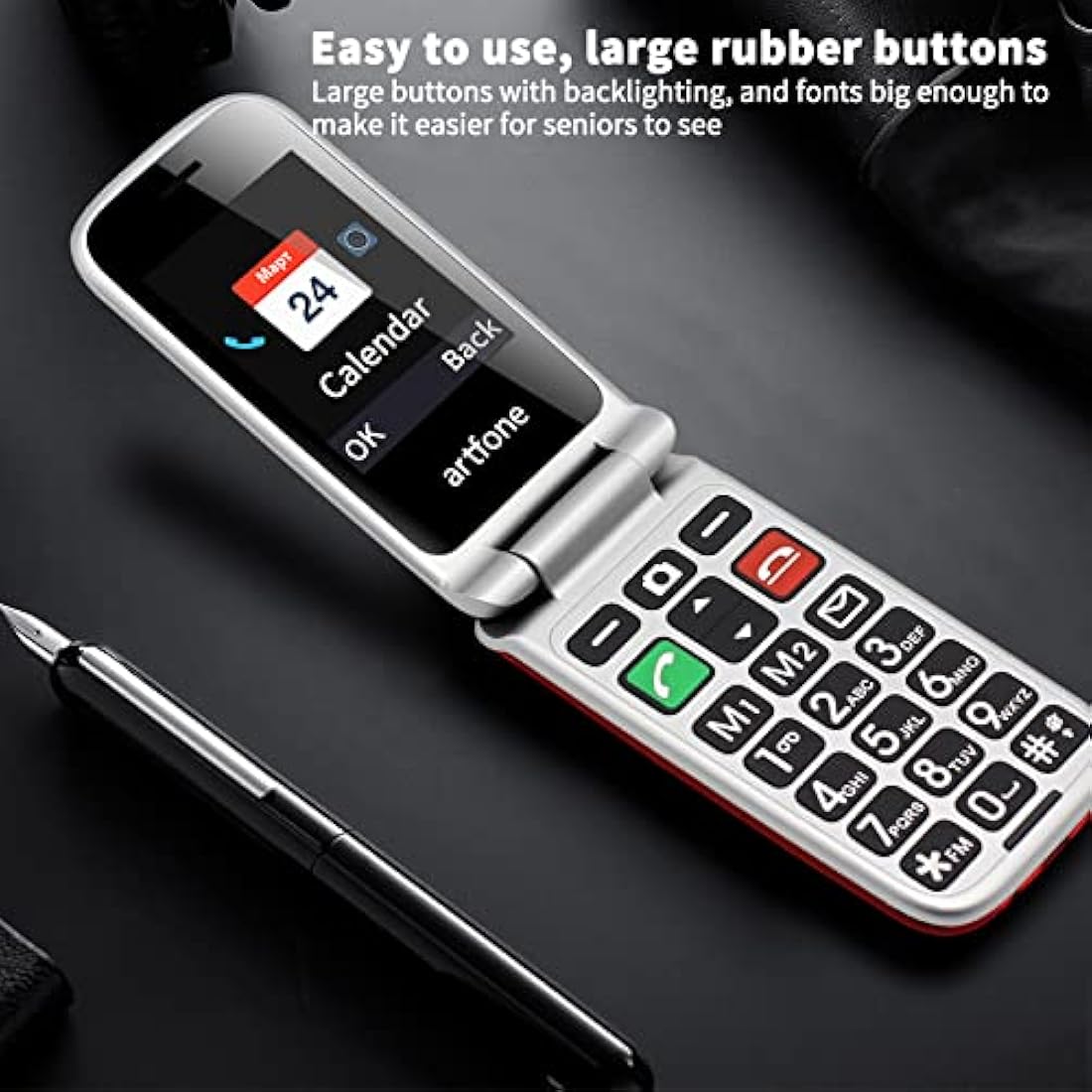 Artfone CF241 Flip Phone for Seniors – Big Button Unlocked GSM Mobile, Red
