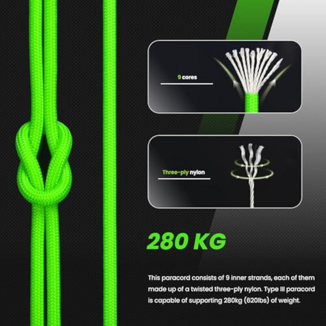 Abma Cord 4mm Type III Nylon Paracord - 9 Strands 100m Neon Green