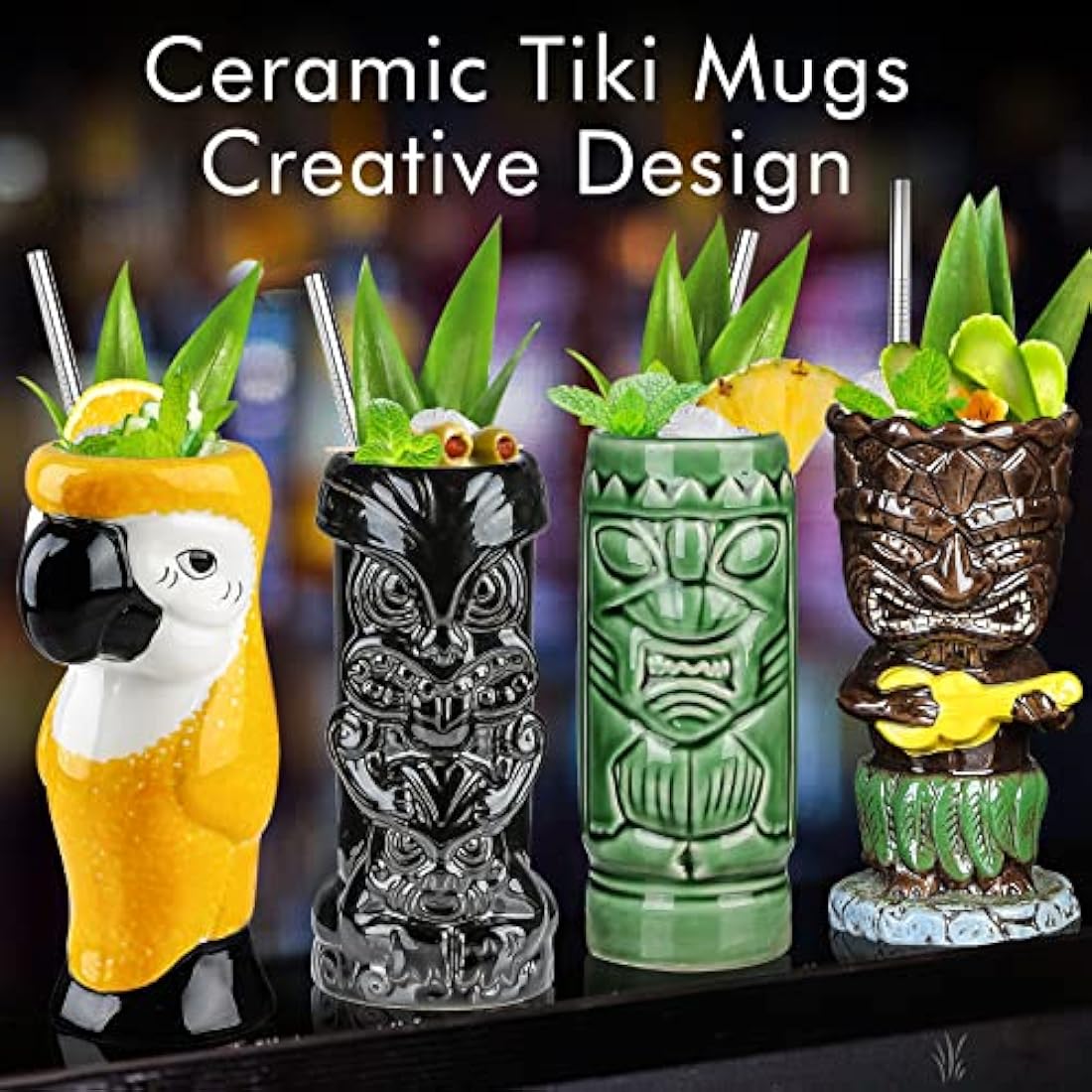 Jolof Store Ceramic Tiki Mugs - Set of 4 Tropical Hawaiian Cocktail Glasses