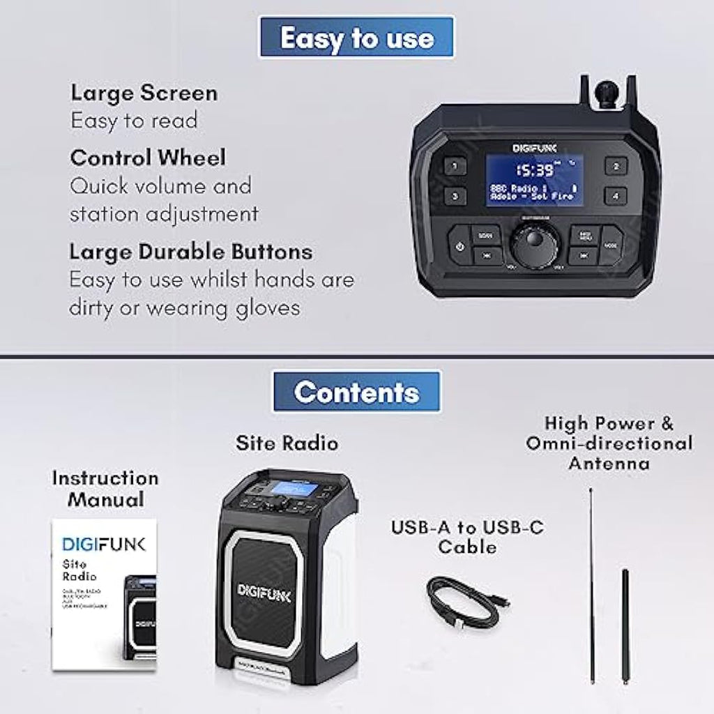 DigiFunk Site Radio – DAB/DAB+ Bluetooth IP65 Waterproof Rugged Work Radio
