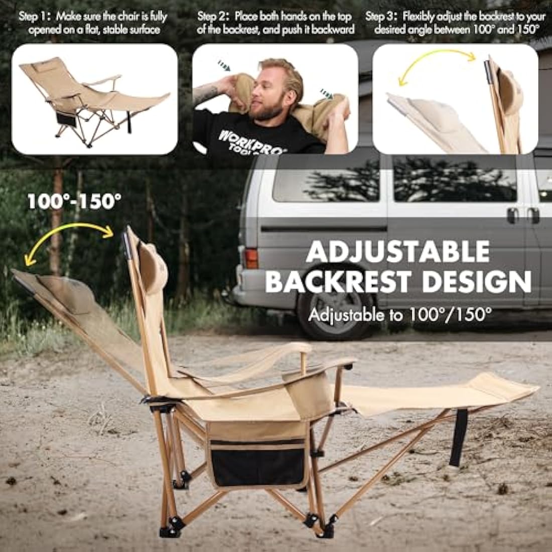 VILLEY Reclining Camping Chair | Portable 2-in-1 Lounge with Footrest