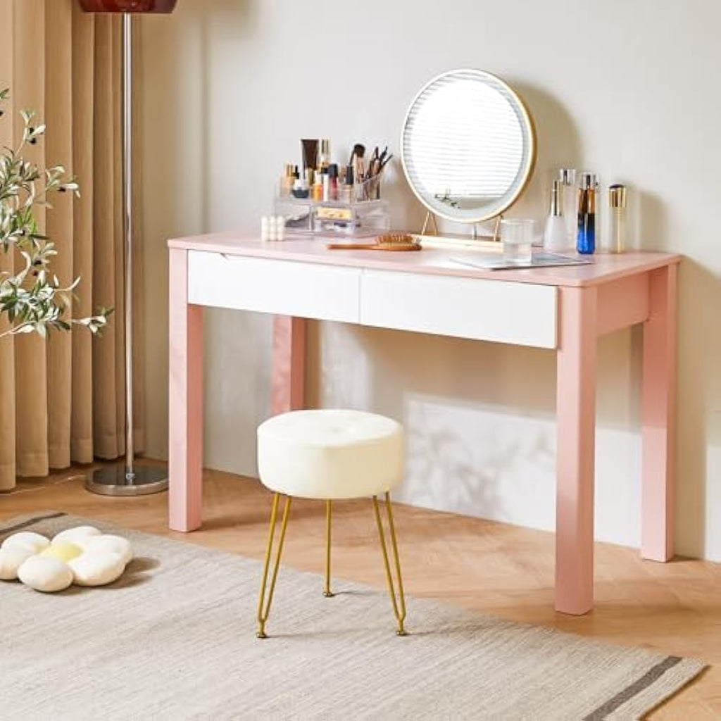 IBUYKE Faux Leather Round Vanity Stool | Footrest with Golden Legs
