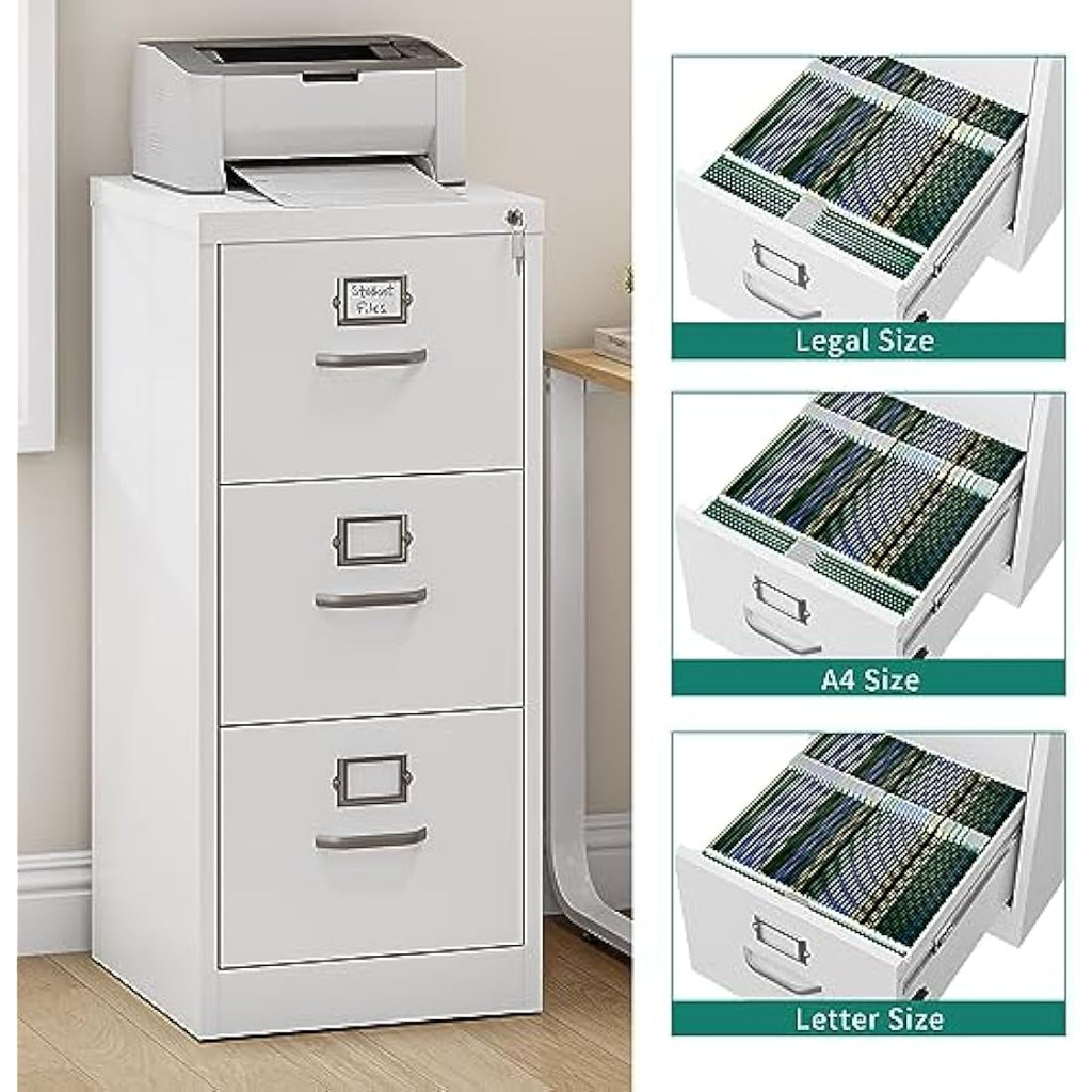YITAHOME 3-Drawer Vertical File Cabinet | Lockable White Steel Storage