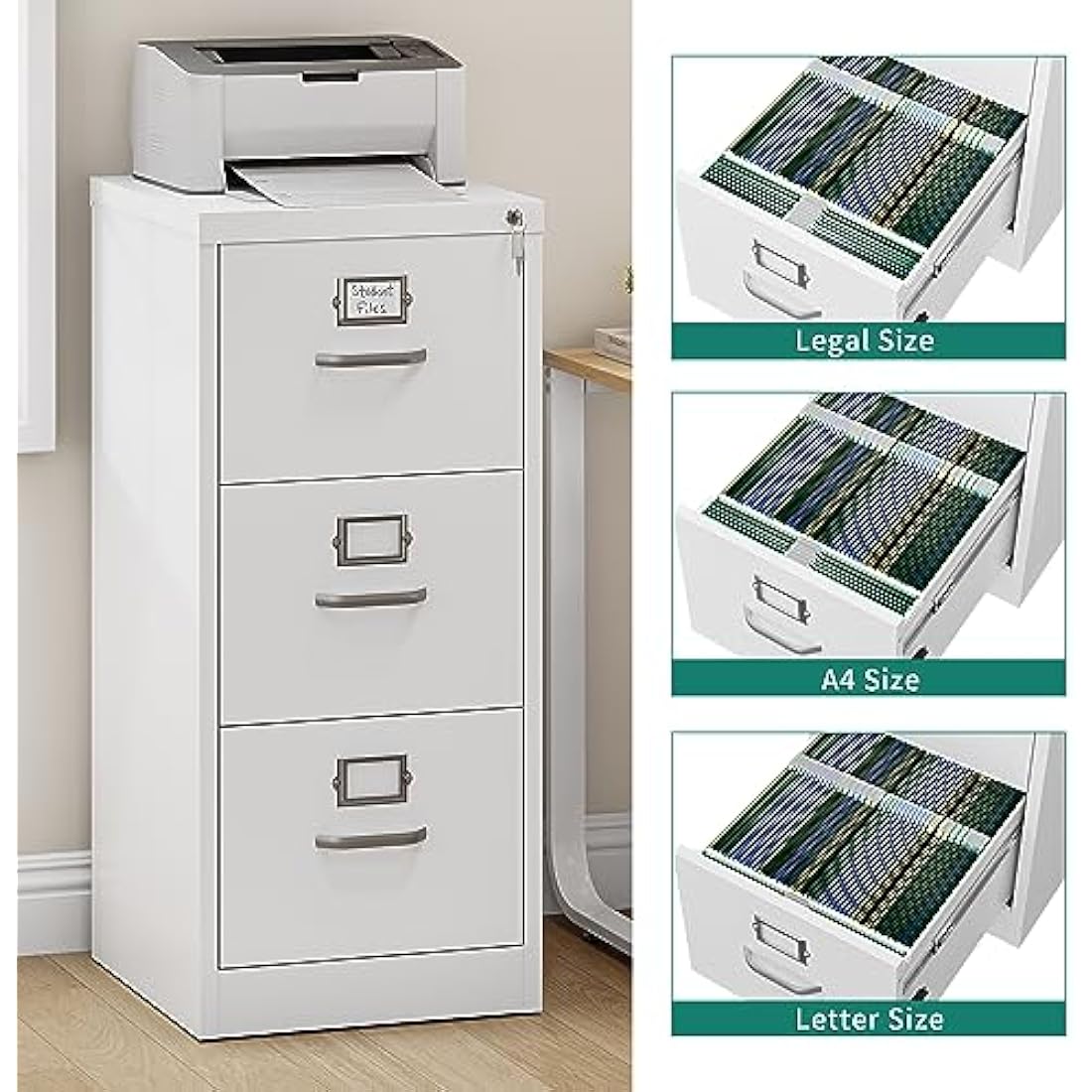 YITAHOME 3-Drawer Vertical File Cabinet | Lockable White Steel Storage
