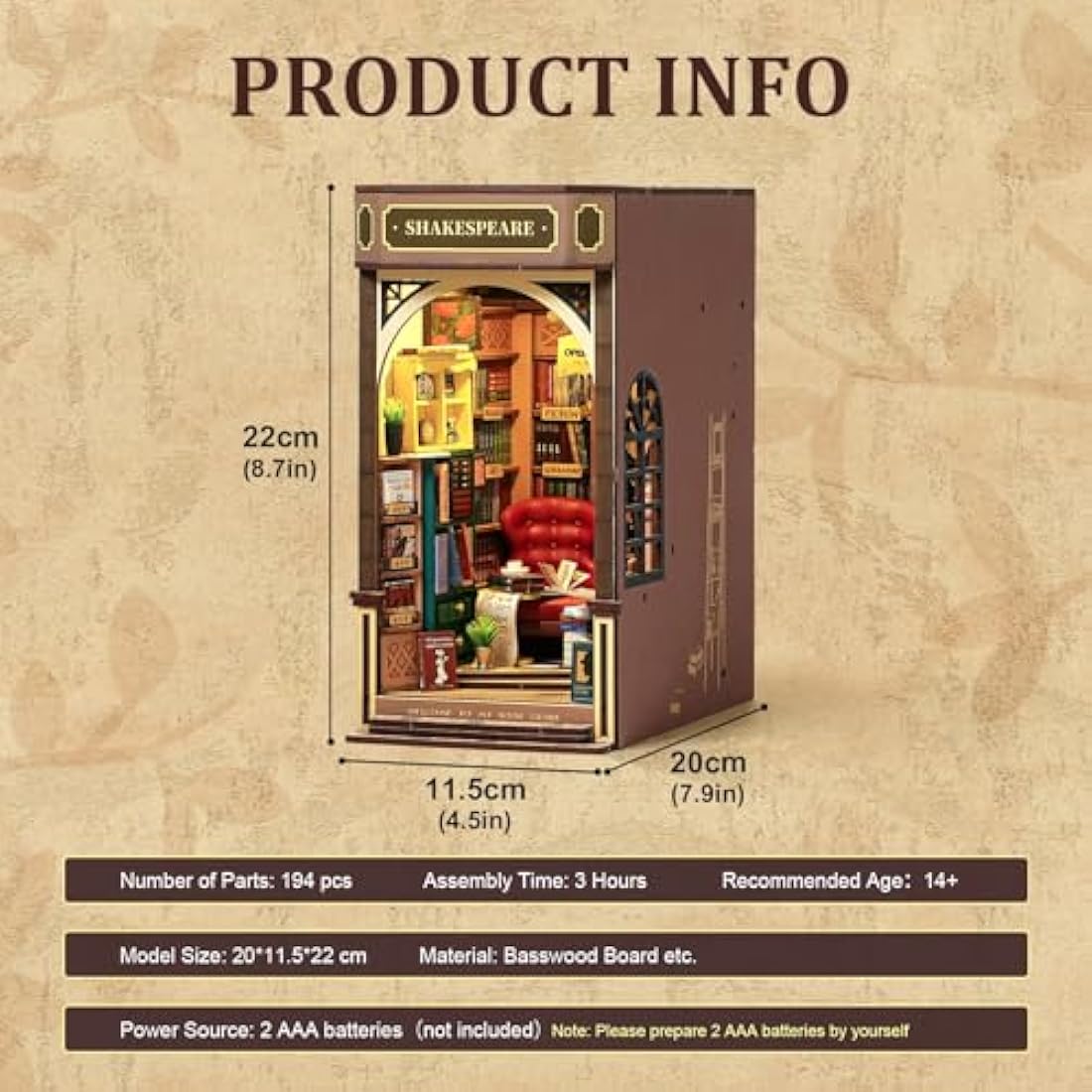 ROBOTIME Shakespeare Bookstore Book Nook Kit – 3D Wooden Puzzle with LED