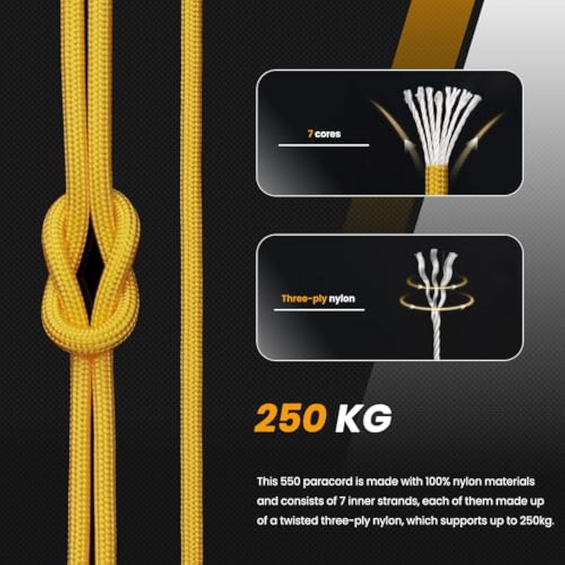 Abma Cord 550 Paracord – 100% Nylon Type III 7-Strand Rope, 10m